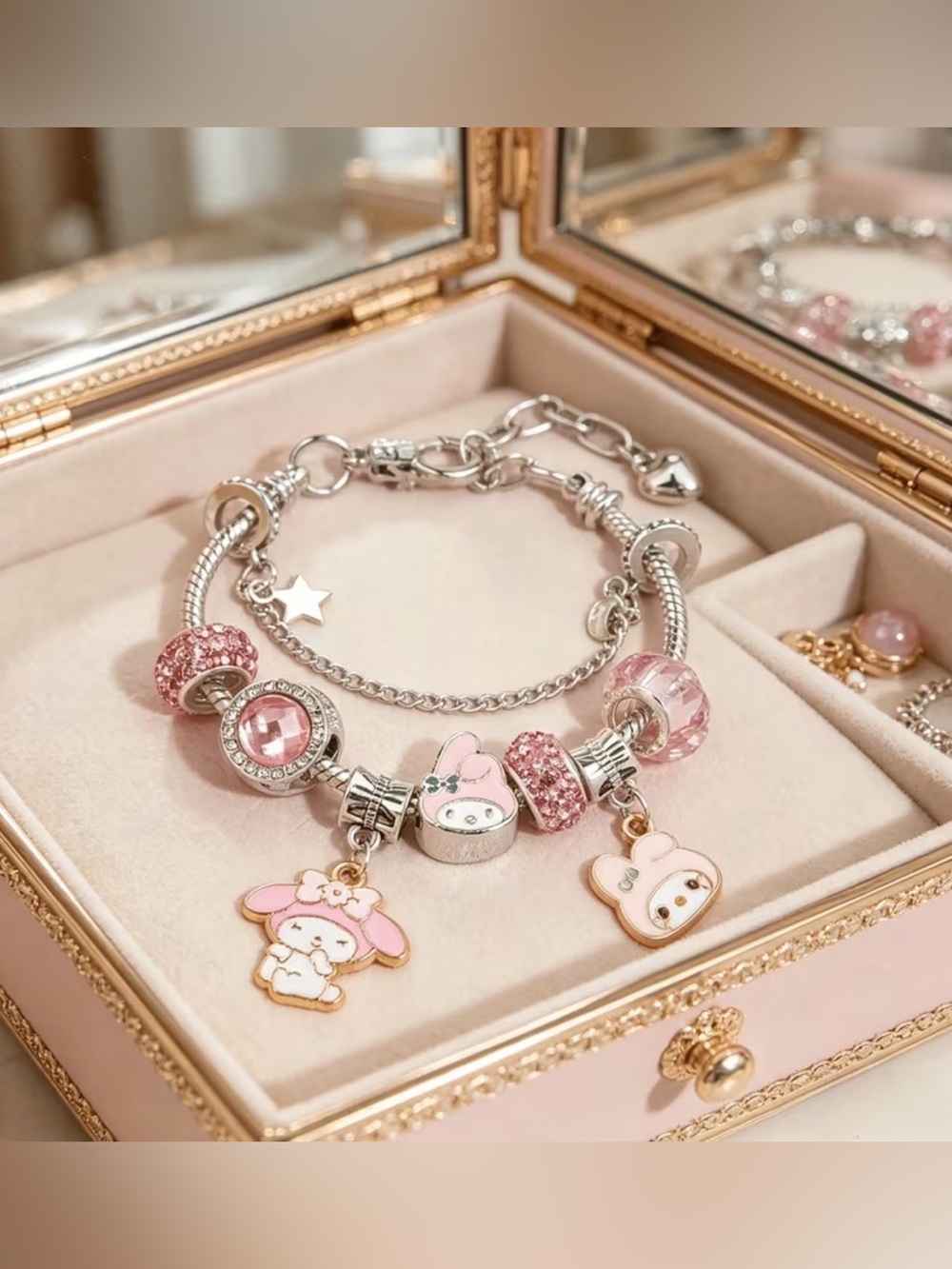 New Sanrio My Melody charm Beaded bracelet pink rhinestones Friendship Bracelet
